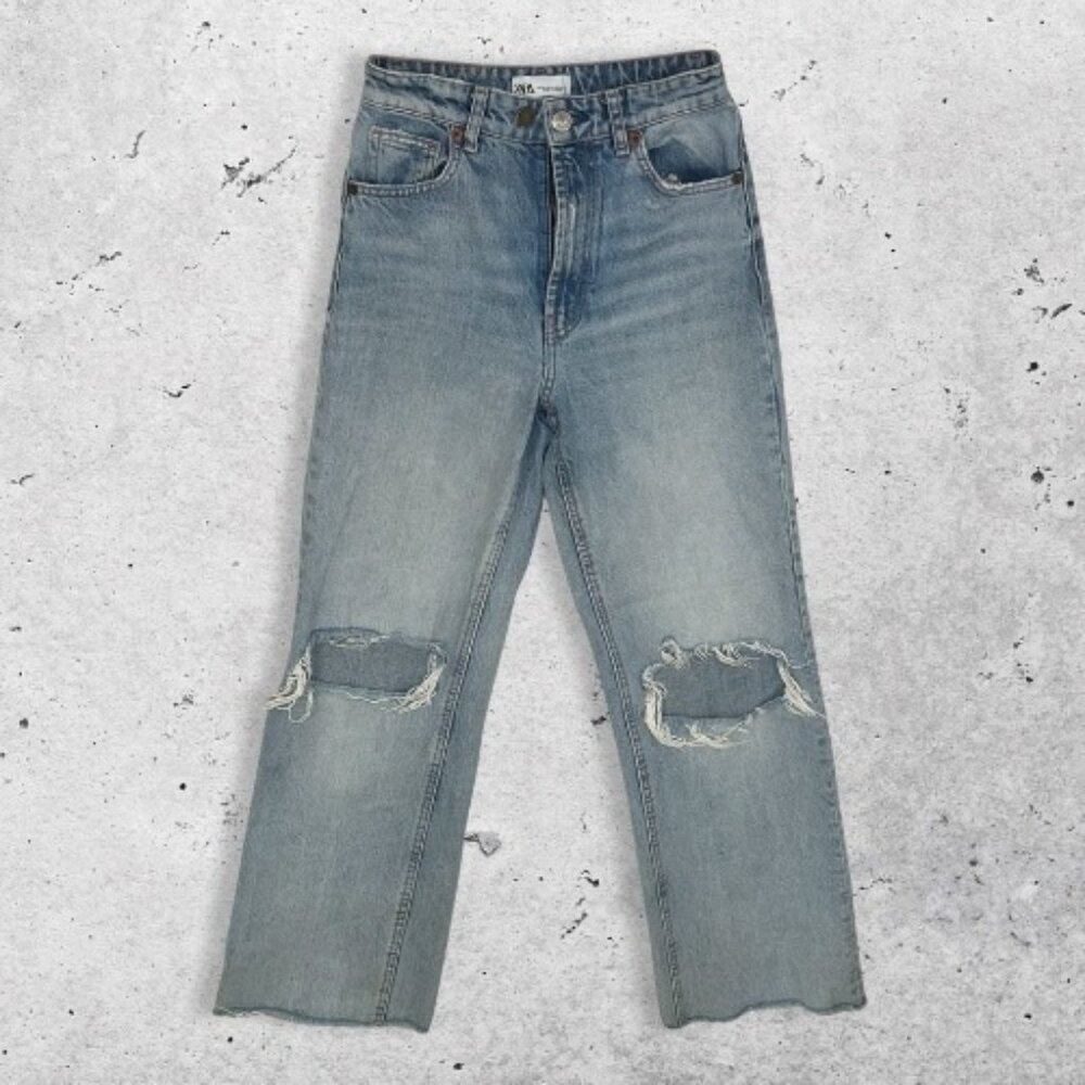 Zara Denim Jeans Distressed Straight-Leg 5 Pockets Belt Loop Light‎ Wash W US 24